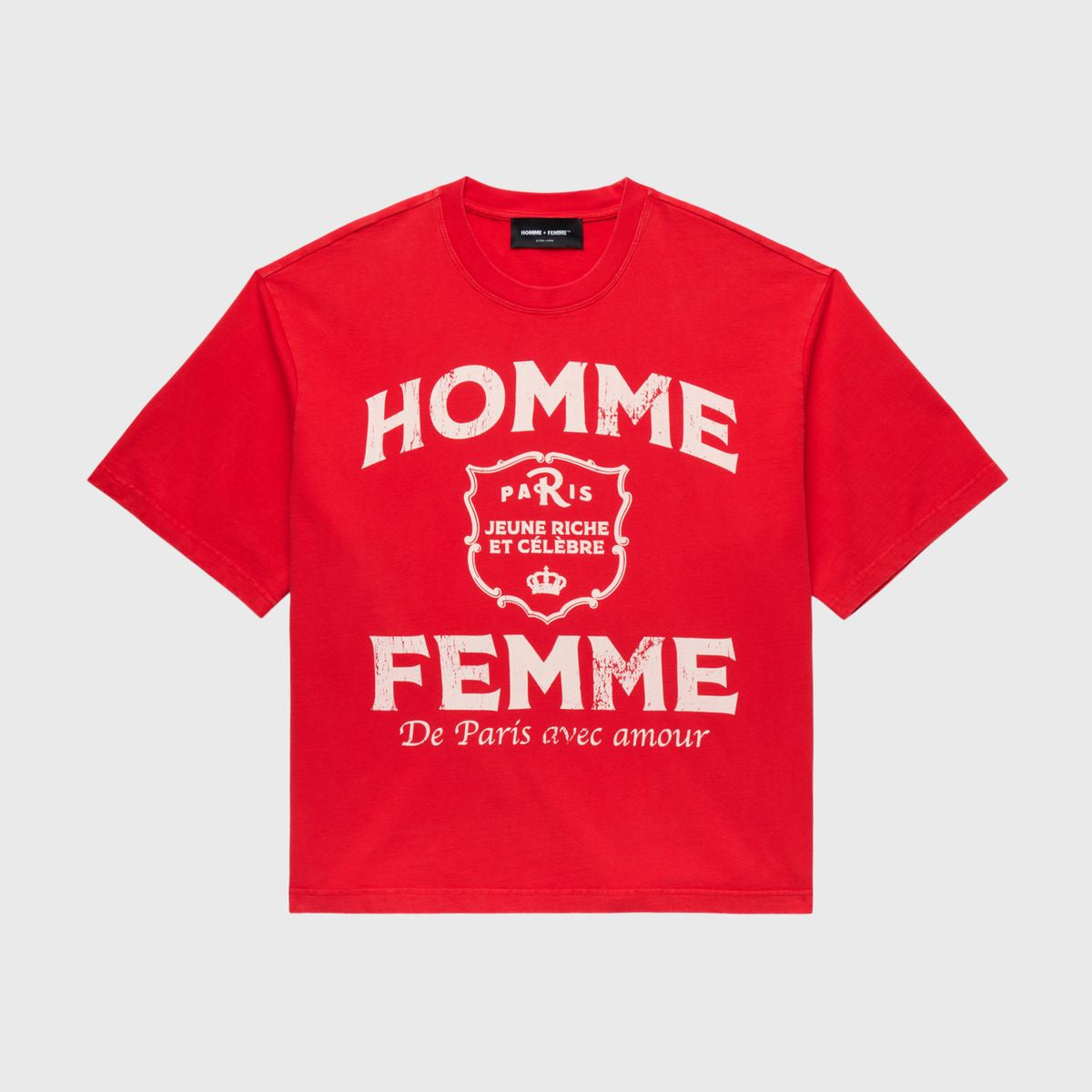 Red cropped tee with vintage one color print, made of premium 100% cotton fabric, 2 inches shorter than standard fitting tee
