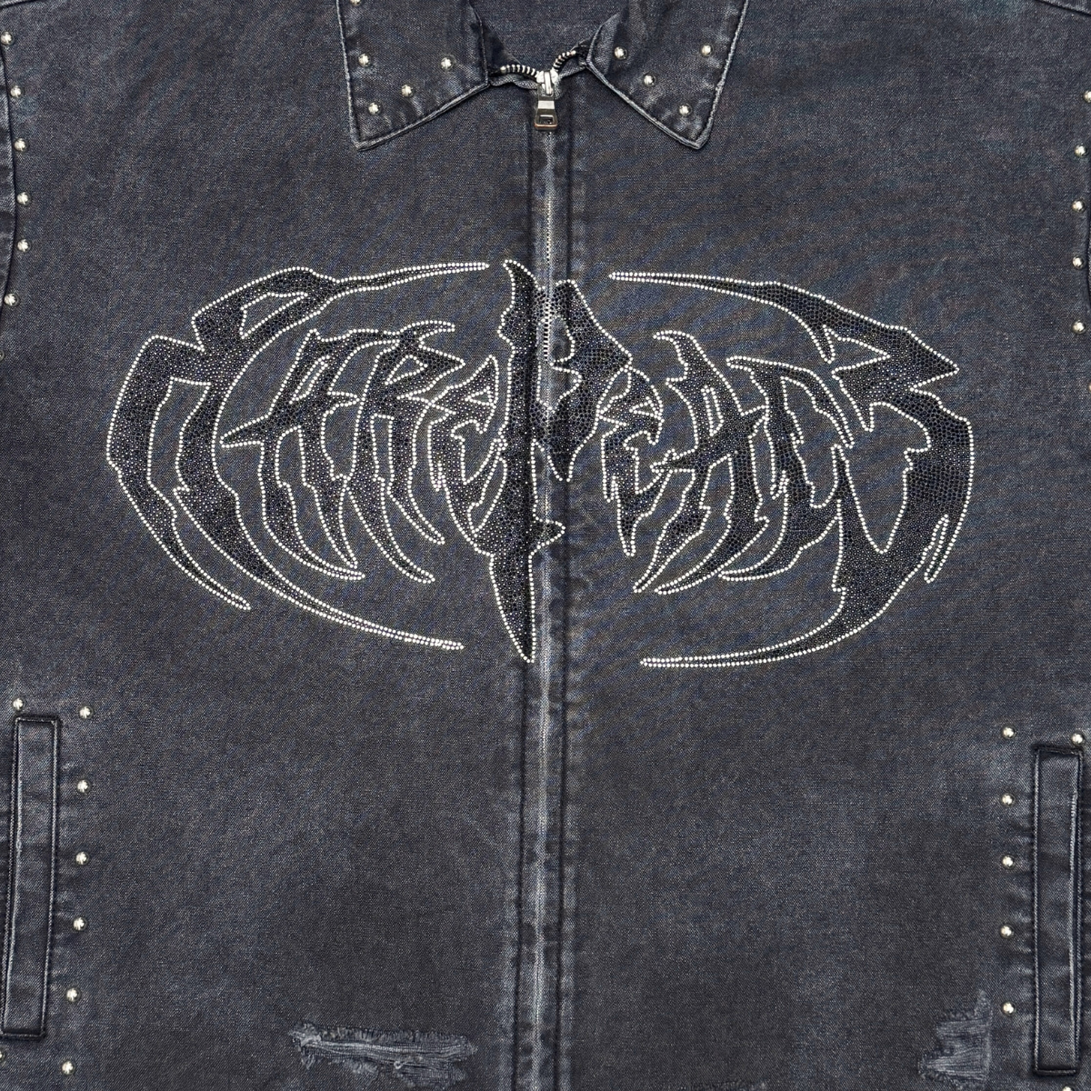 Rare Peace "Logo" Rhinestone Washed Black Zip Down Shirt (RJ6061)