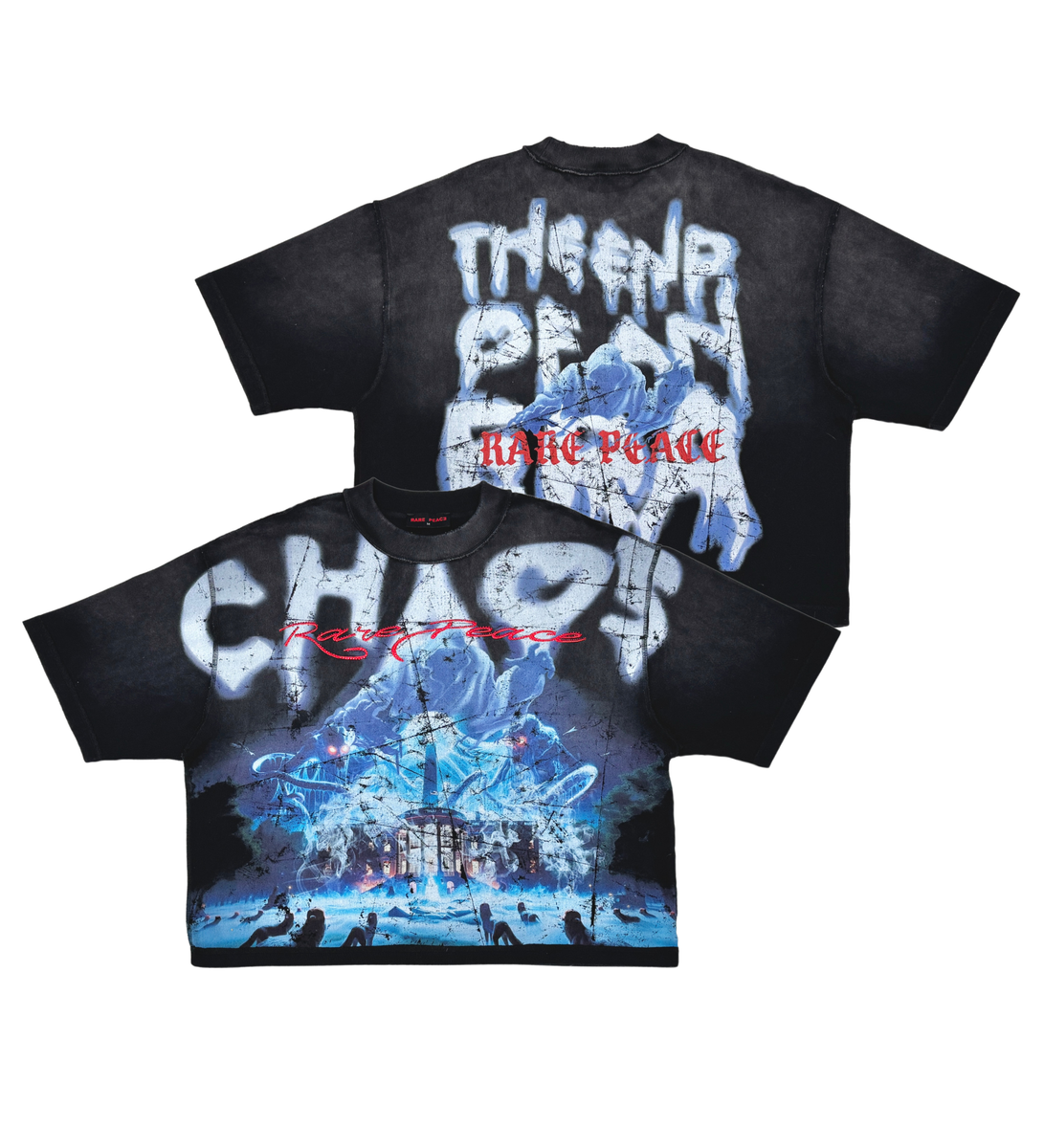 A black cotton T-shirt featuring the Rare Peace Chaos design with wash, print, and flocking details