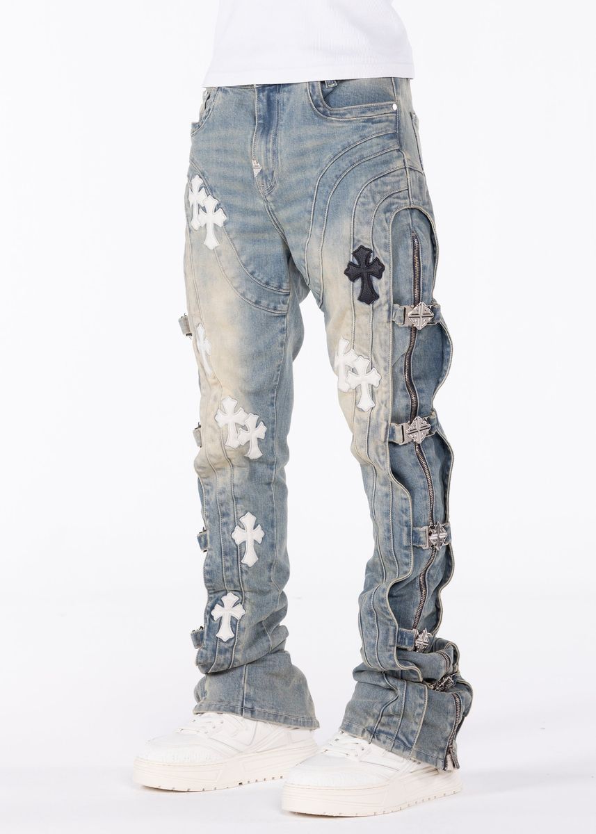 Guapi Vintage Blue Cross Buckle Denim Jeans