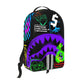 Close-up of the Sprayground Shark Central Stencils backpack showcasing its 18-inch height and PVC material