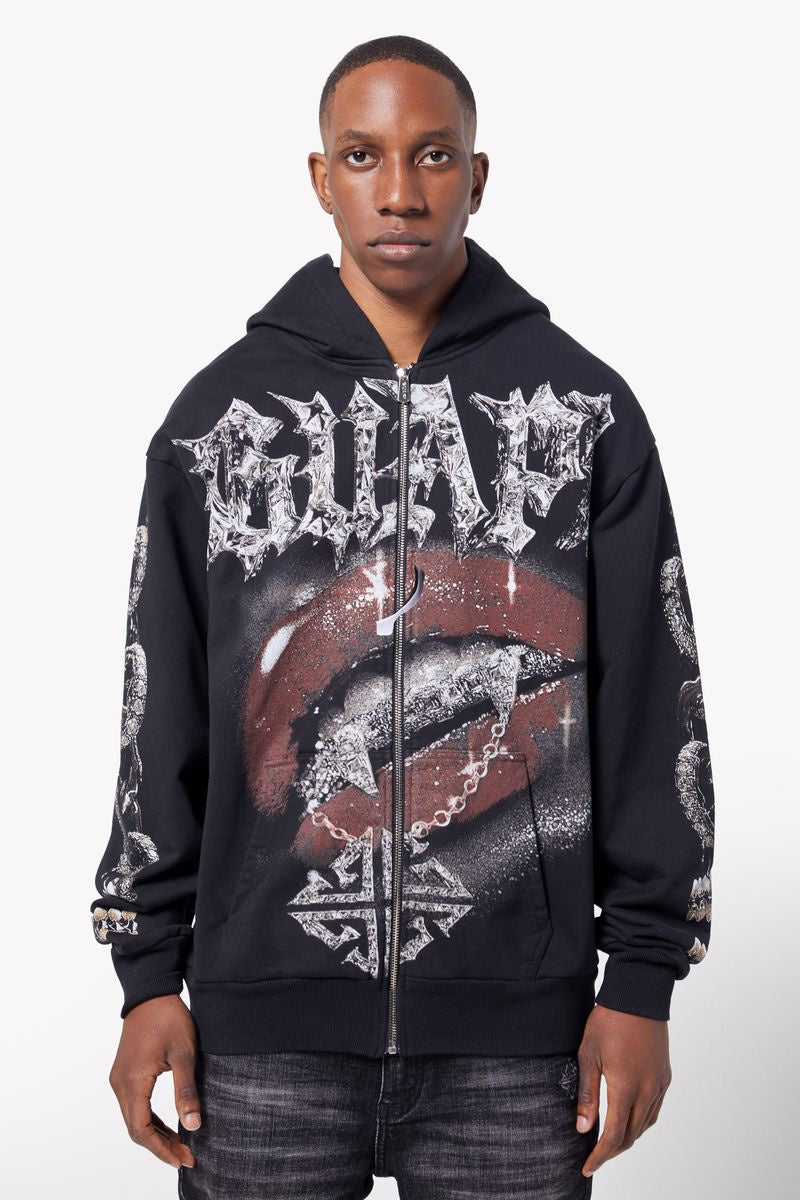 Black zip-up hoodie with chained detailing and Guapi branding
