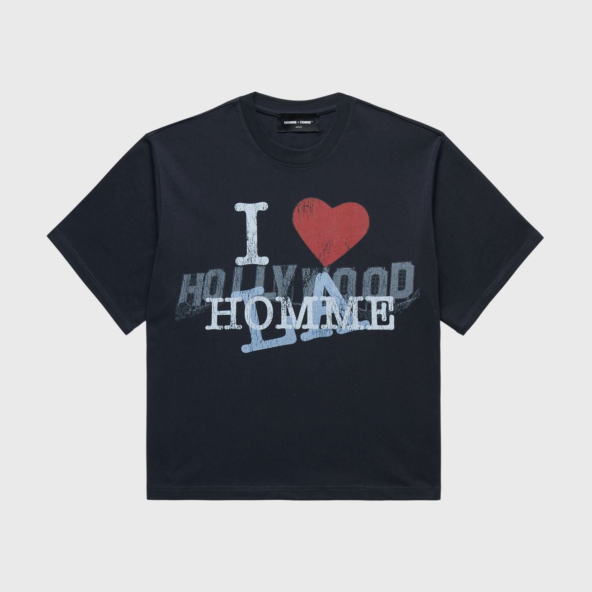 Black I Love Homme graphic t-shirt for men and women with cropped fit and dual art motifs on heavy cotton fabric