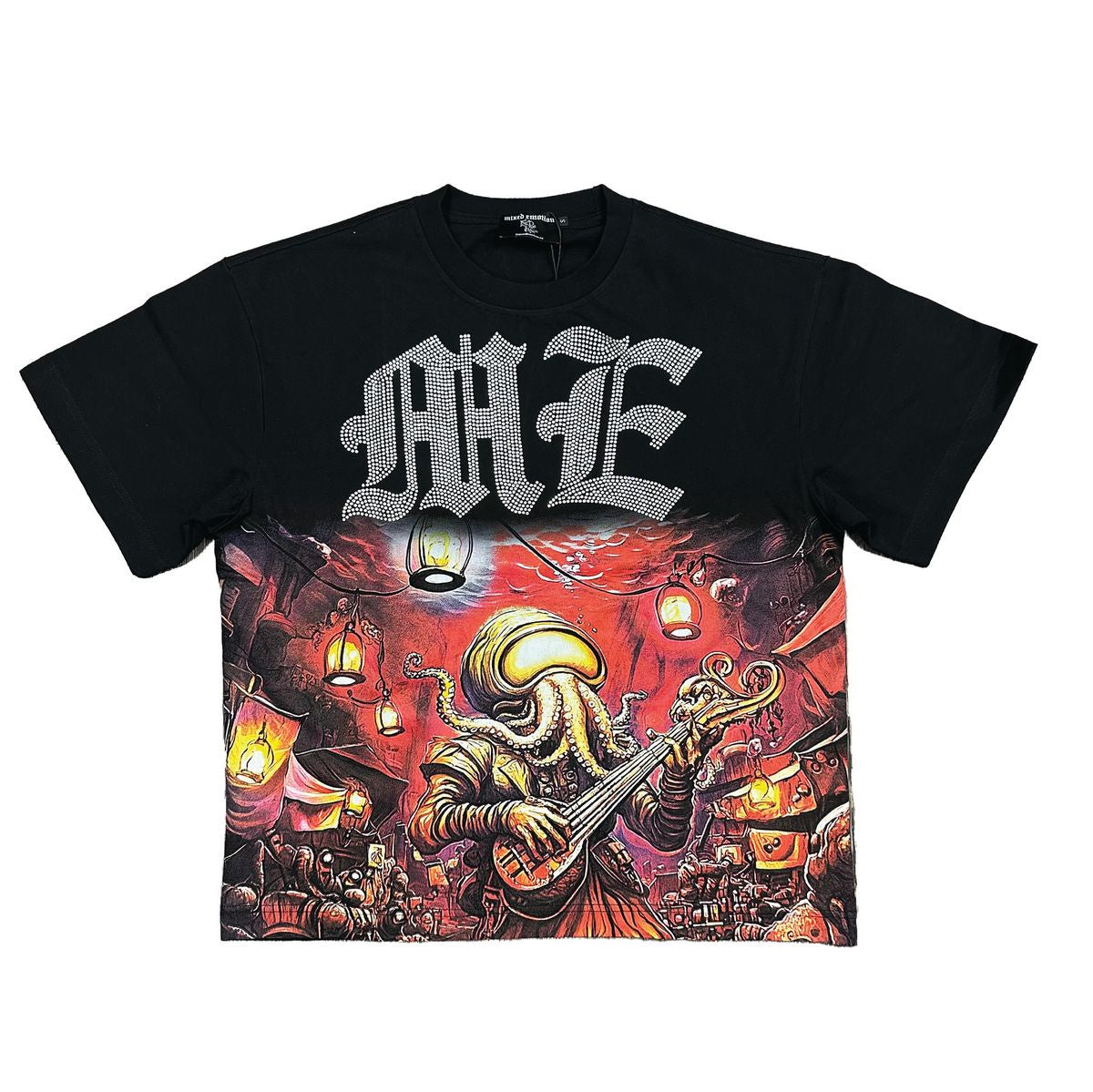 Black T-shirt featuring a dazzling rhinestone octopus design for a unique style
