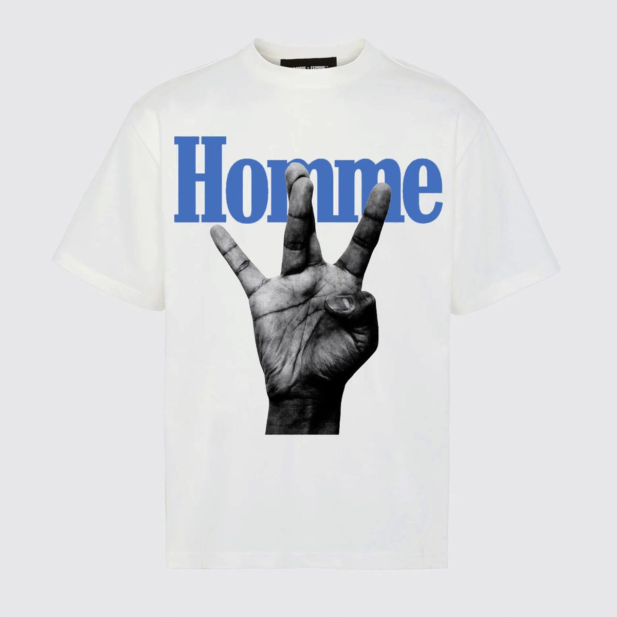 Homme + Femme "Twisted Fingers" White Tee - Blue/Blue