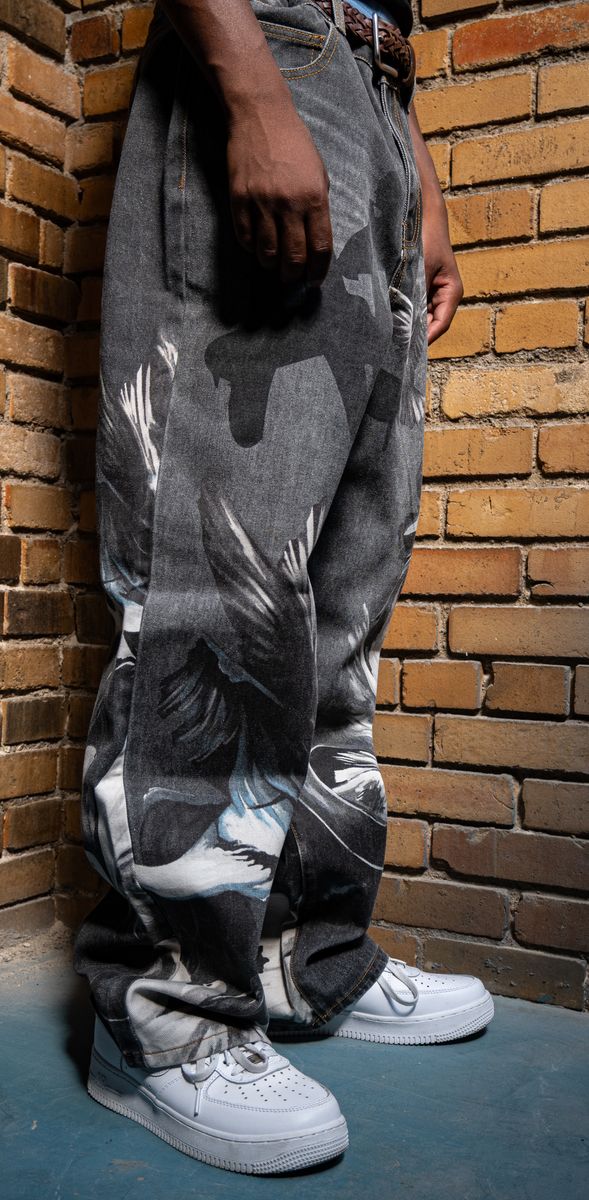 Amor Jeans Digital Print Black Baggy Jeans (RM204B)
