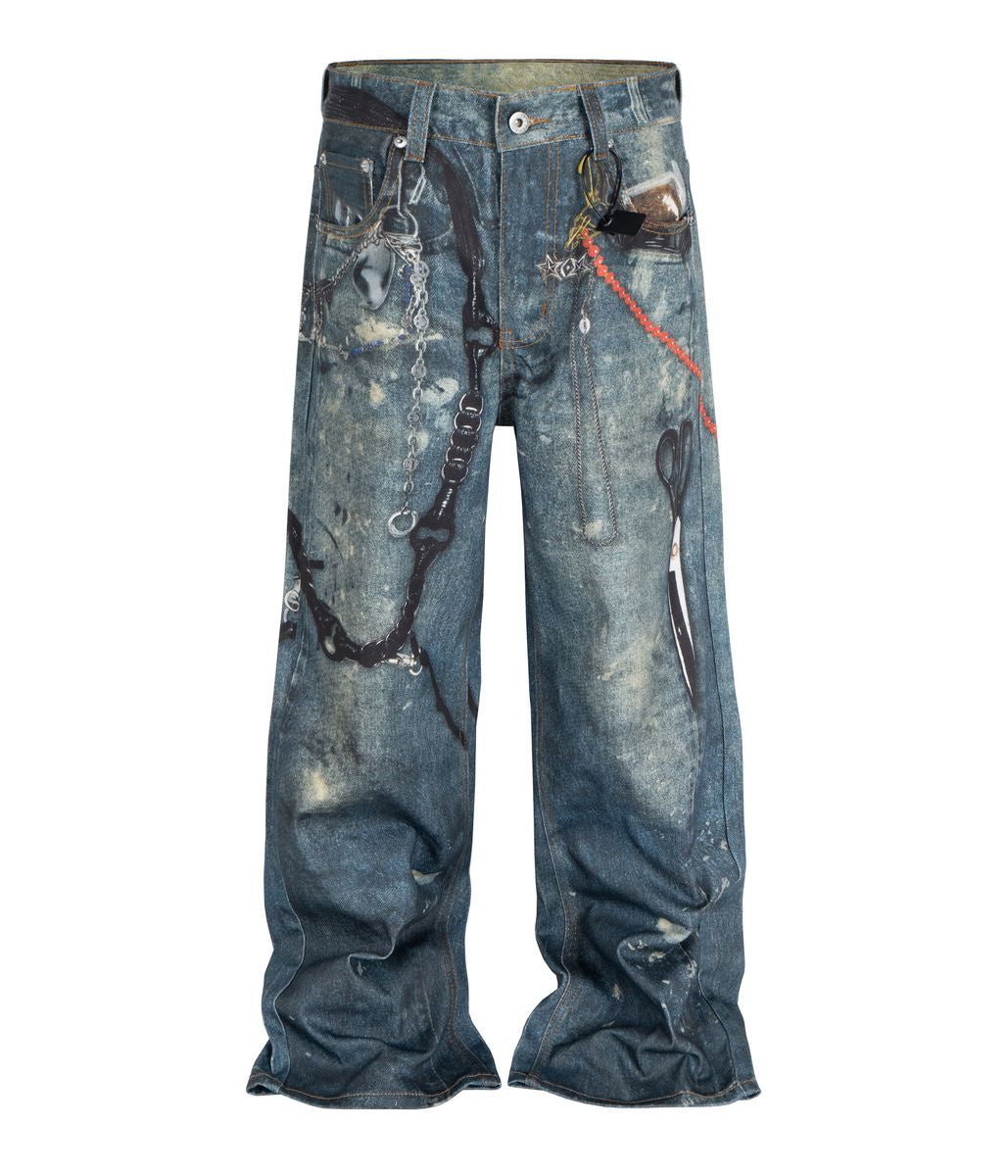 Heavyweight blue denim jeans featuring a relaxed fit and all-over graphic print