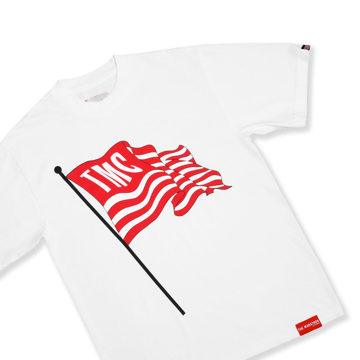 White heavyweight 100% cotton TMC Flag Post Tee featuring screen print Marathon logo at back neck and ultra fit double stitched neck ribbing