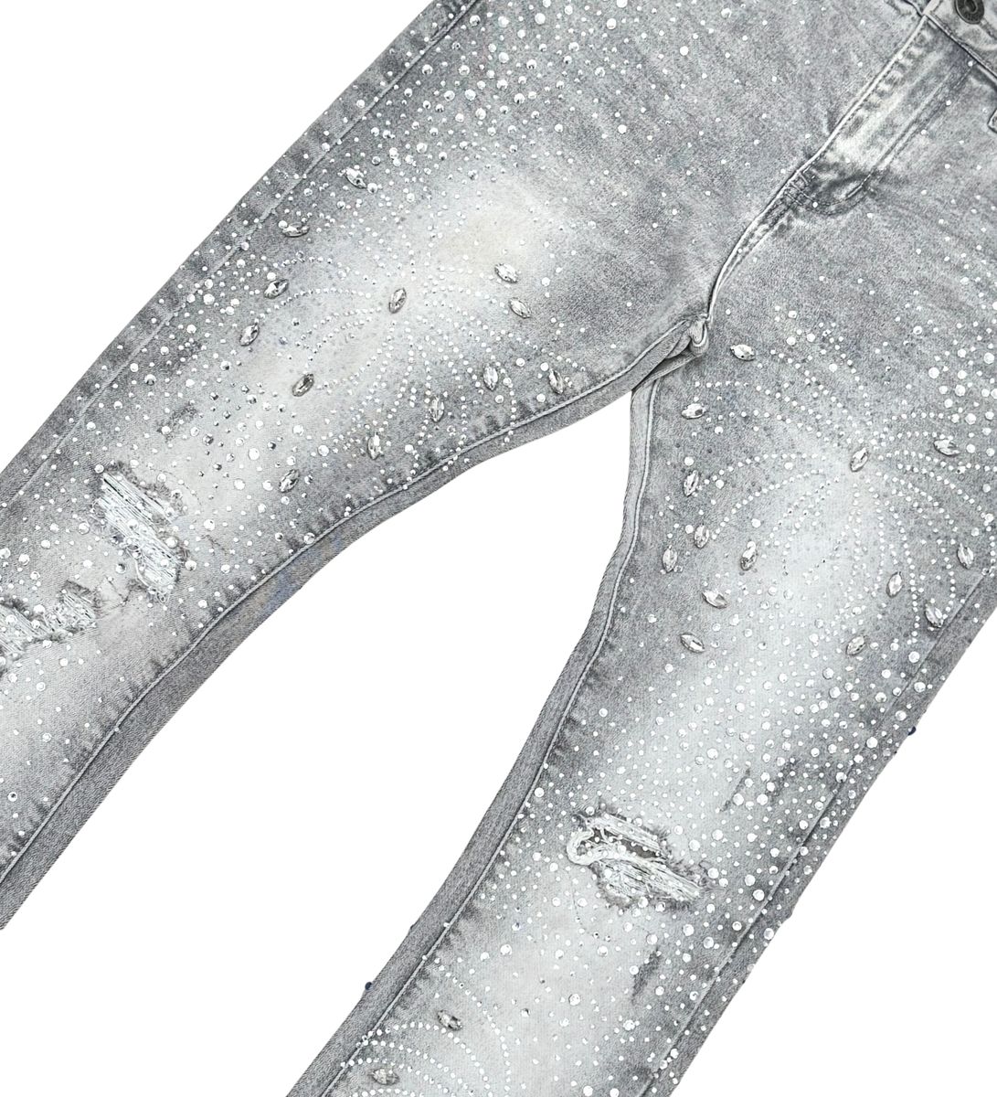 Grey denim flare jeans with embellishments and rhinestones for stylish look