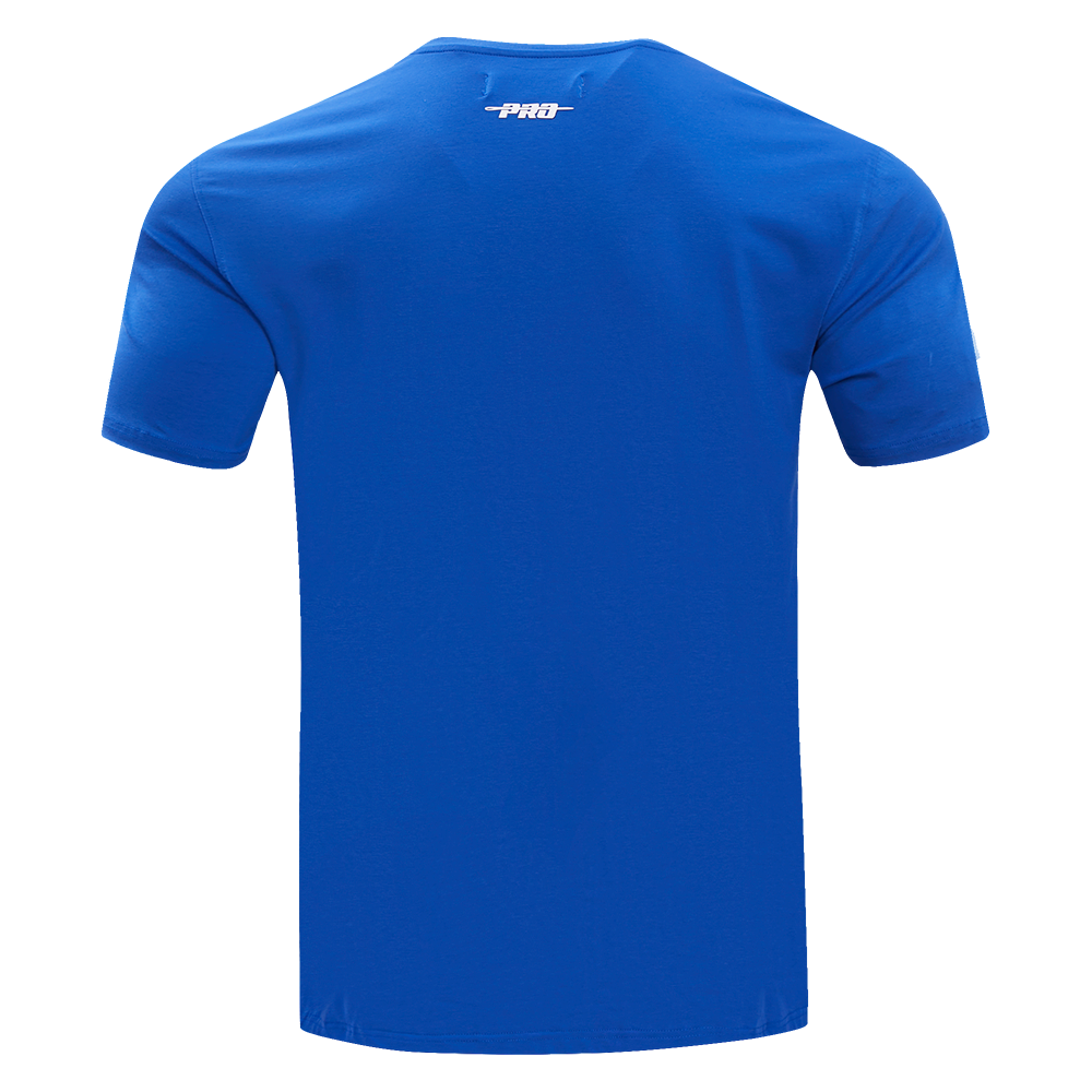 Side angle showcasing the classic fit and taping accents on the Royal Blue Golden State Warriors tee