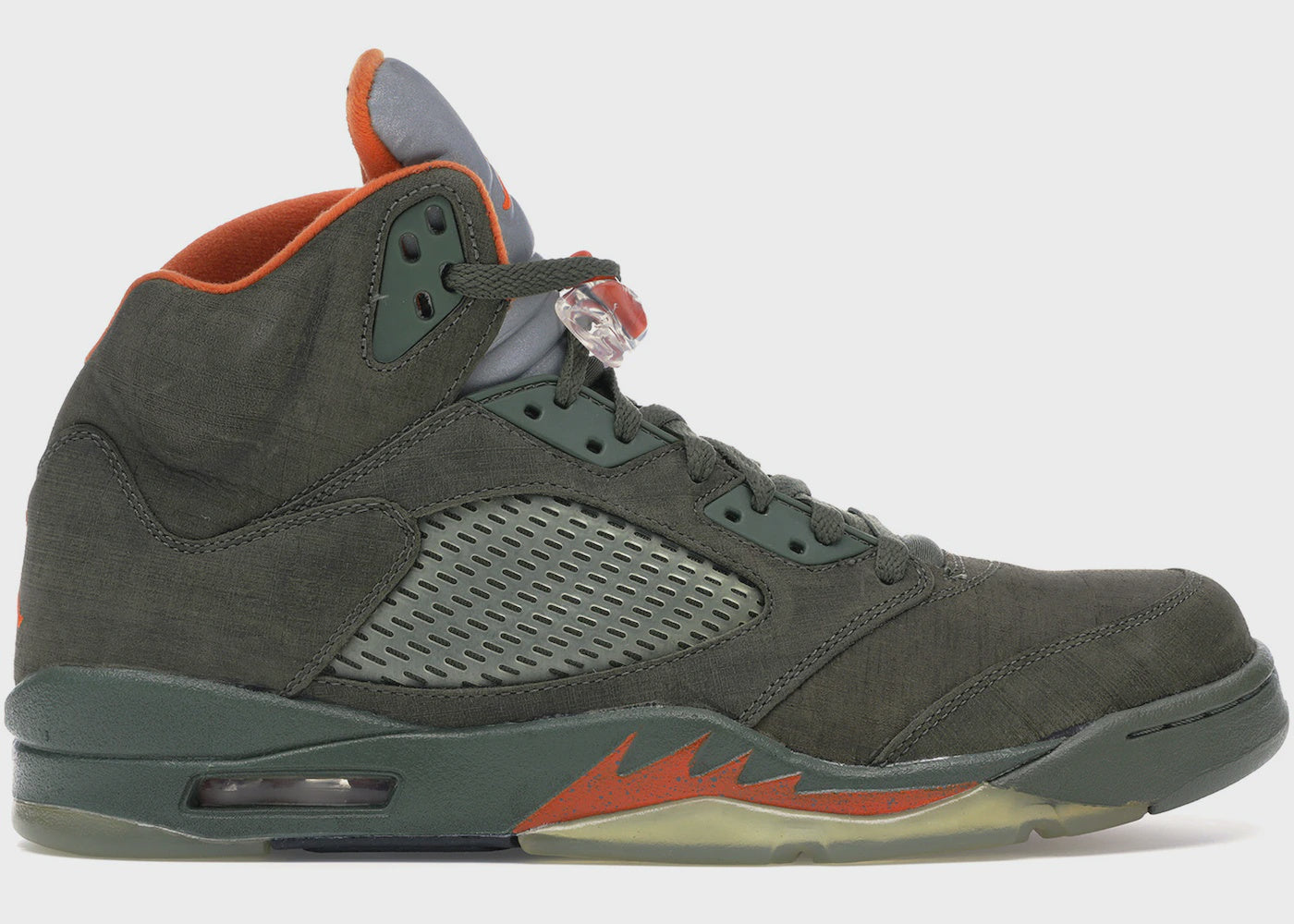 High-top olive green Jordan 5 Retro sneakers with black accents and white sole (style code DD0587-308)