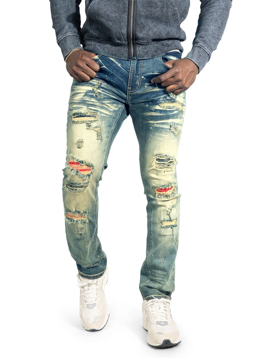 Makobi Modena Dirt Ripped Denim Jeans w/Red Detail (M1721)