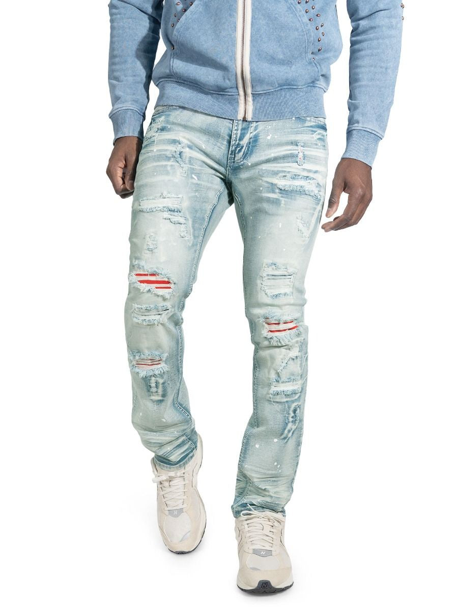 Makobi Modena Light Blue Wash Ripped Denim Jeans w/Red Detail (M1721)