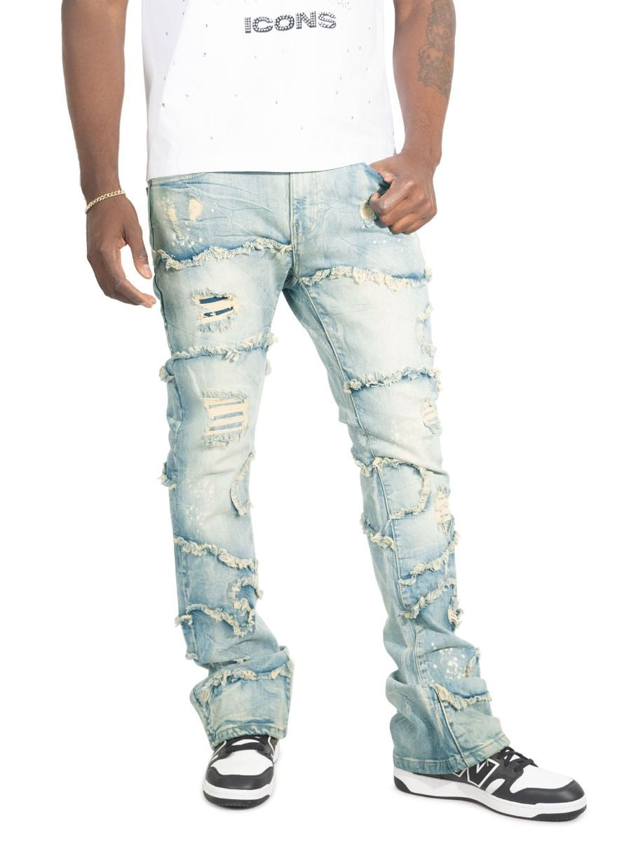 Makobi Pastoni Dirt Ripped Stacked Flare Denim Jeans (M1984)