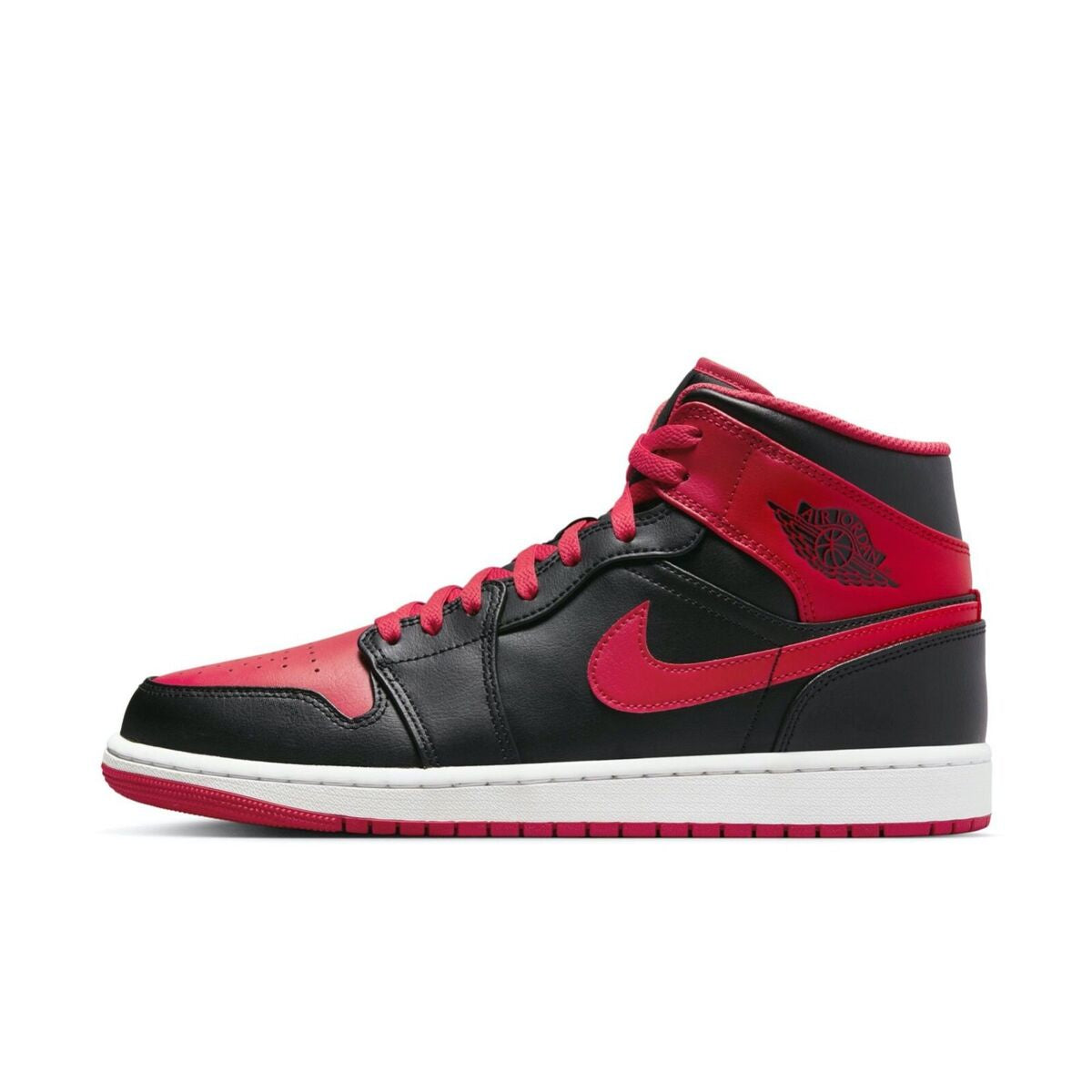 A high-quality image of the Jordan 1 Mid - Alternate Bred (DQ8426-060) sneakers, featuring a black and red colorway and the iconic Air Jordan branding