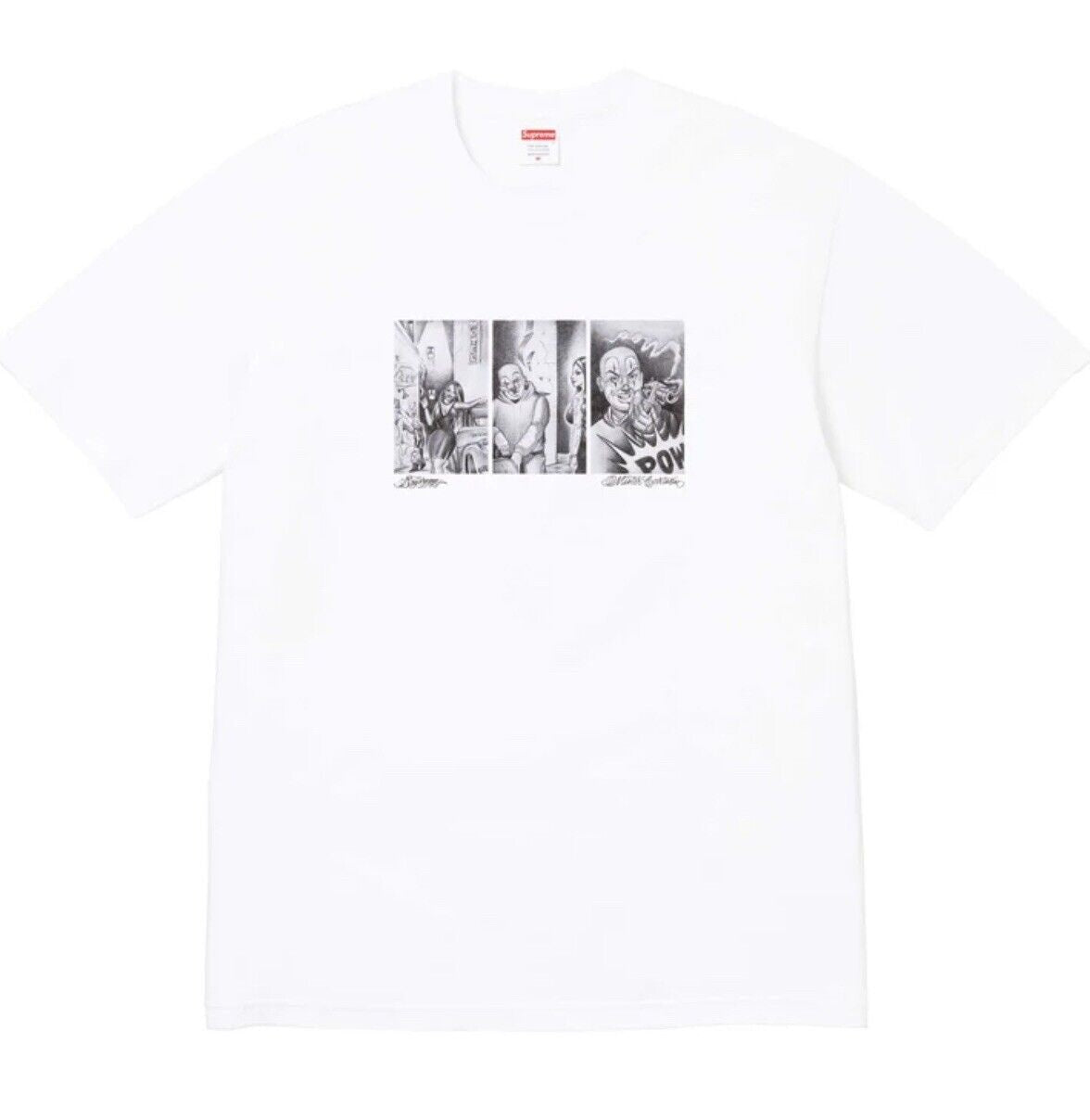 Supreme Mister Cartoon Pow Tee - White (FW24) featured on a white background with bold, colorful graphic design and Supreme branding