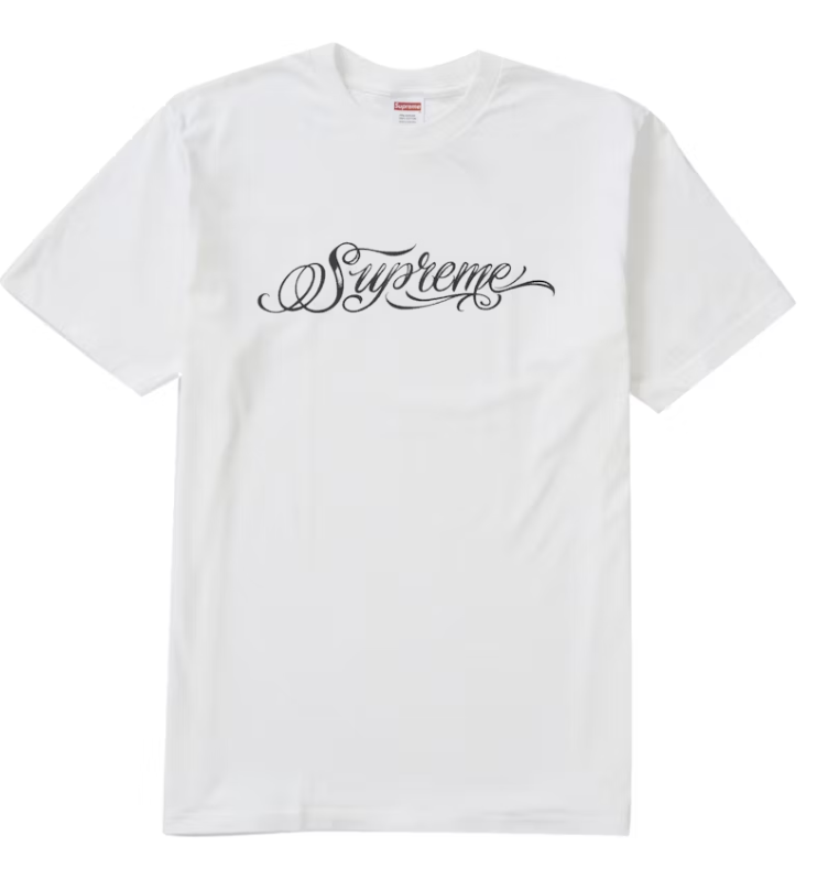 Stylish white Supreme Script Tee with bold red lettering and soft fabric