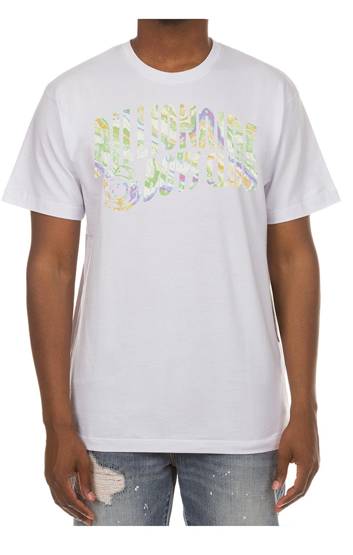 A white Billionaire Boy's Club BB Arch short sleeve t-shirt featuring the style number 851-3209 with a prominent graphic design on the front