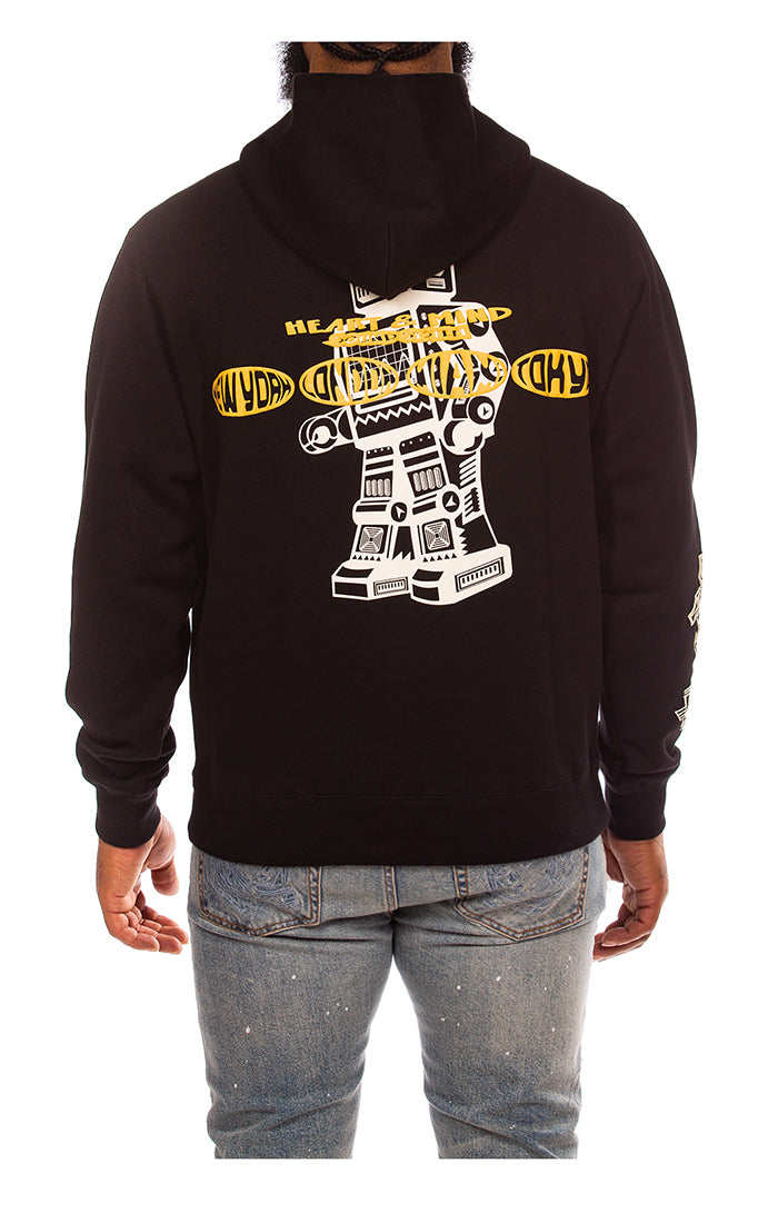 Close-up of the BBC Black BB Motion Hoodie showcasing the front logo and fabric texture