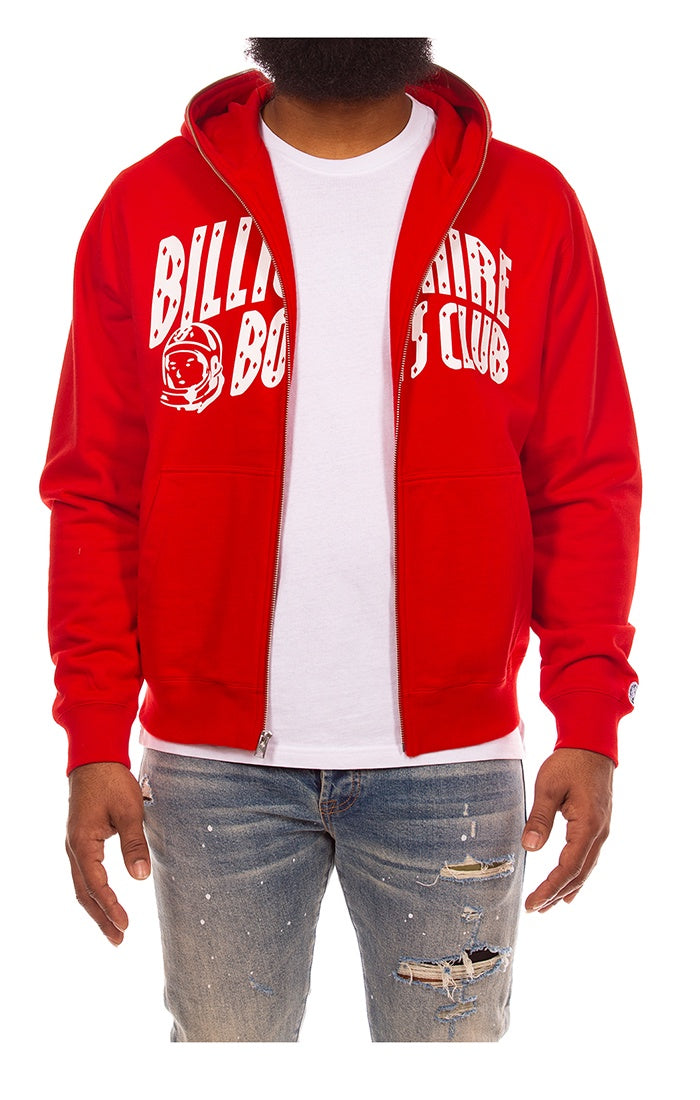 Bold red Billionaire Boy's Club BB Curve zip-up hoodie with front zipper and logo design
