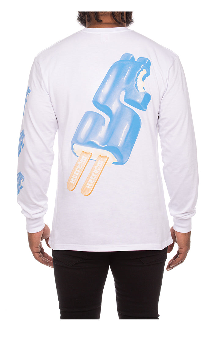 Ice Cream Dollar Pop White Long Sleeve with colorful dollar sign print on front