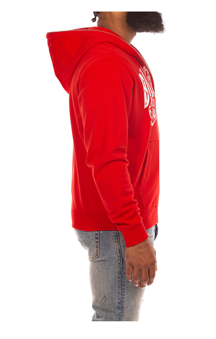 Front view showcasing the full-length zipper and iconic logo on the Billionaire Boy's Club hoodie in red