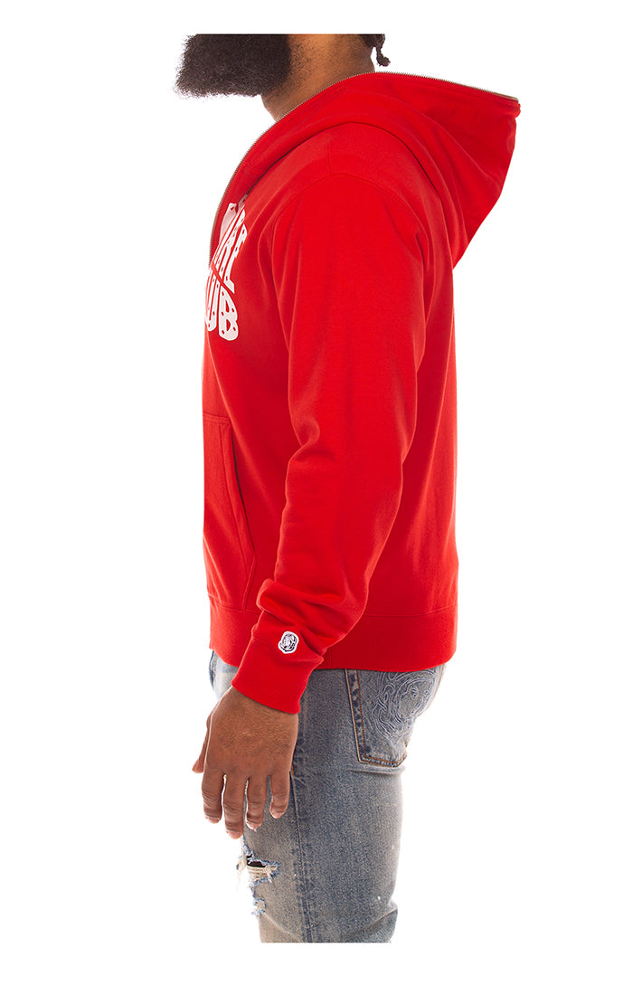 High-quality image of the BBC Red BB Curve zip-up hoodie highlighting its stylish design and casual everyday wear appeal