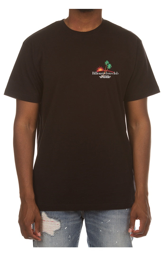 Black Billionaire Boy's Club BB Palms short sleeve t-shirt with bold graphic design featuring tropical palm trees and the style number 851-6201