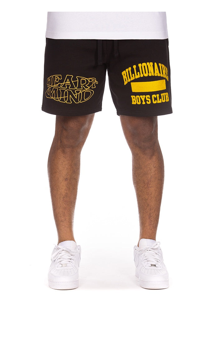 Black BBC Heart Mind Stars shorts with white logo pattern, comfortable fit, and stylish design for casual wear