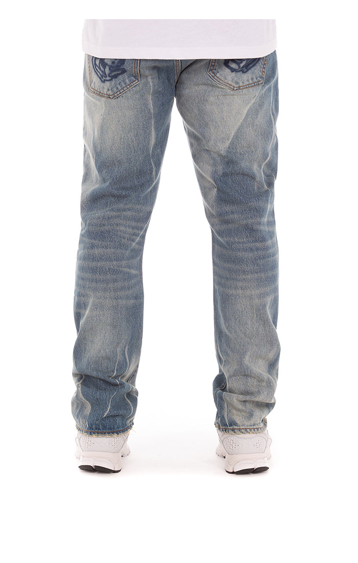 Close up of BBC Blue Dune BB Dune Jeans fabric and stitching