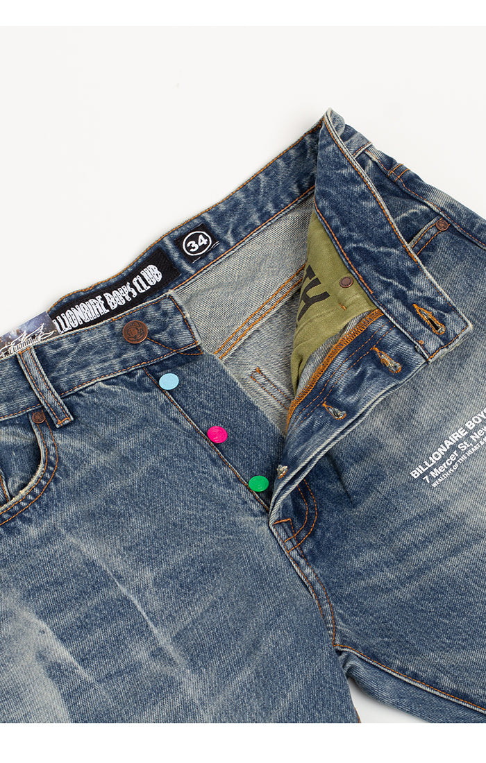 Model wearing Billionaire Boy's Club Blue Dune BB Dune Jeans (Heart Fit)