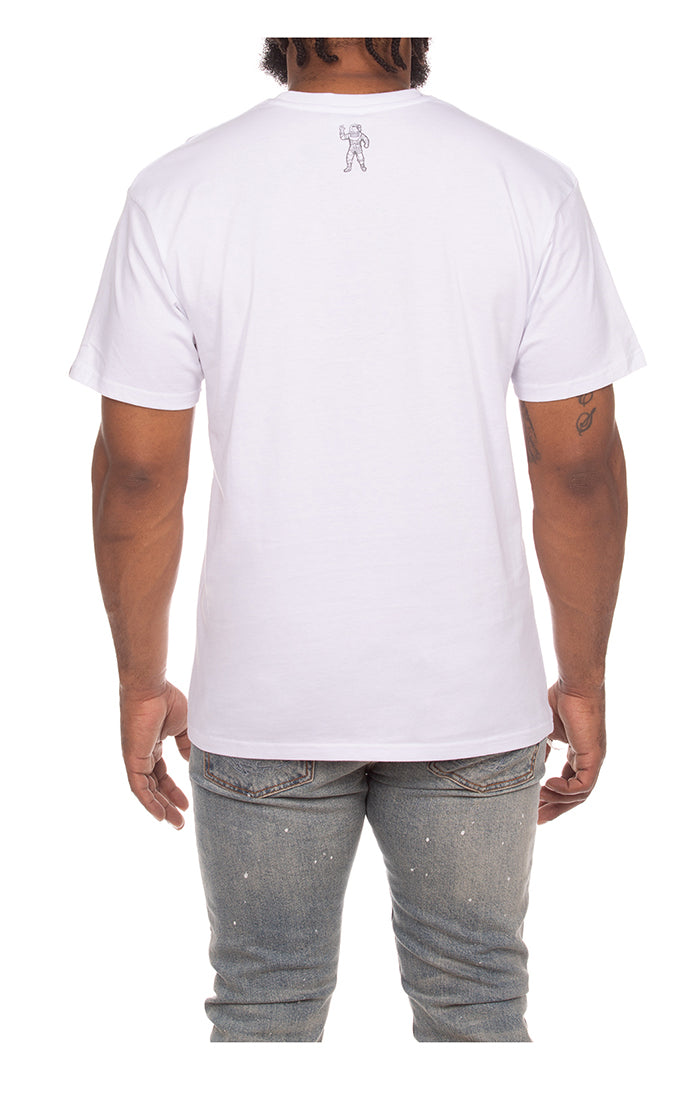 Close-up of the white Billionaire Boy's Club SS knit featuring satellite graphic and knitted texture