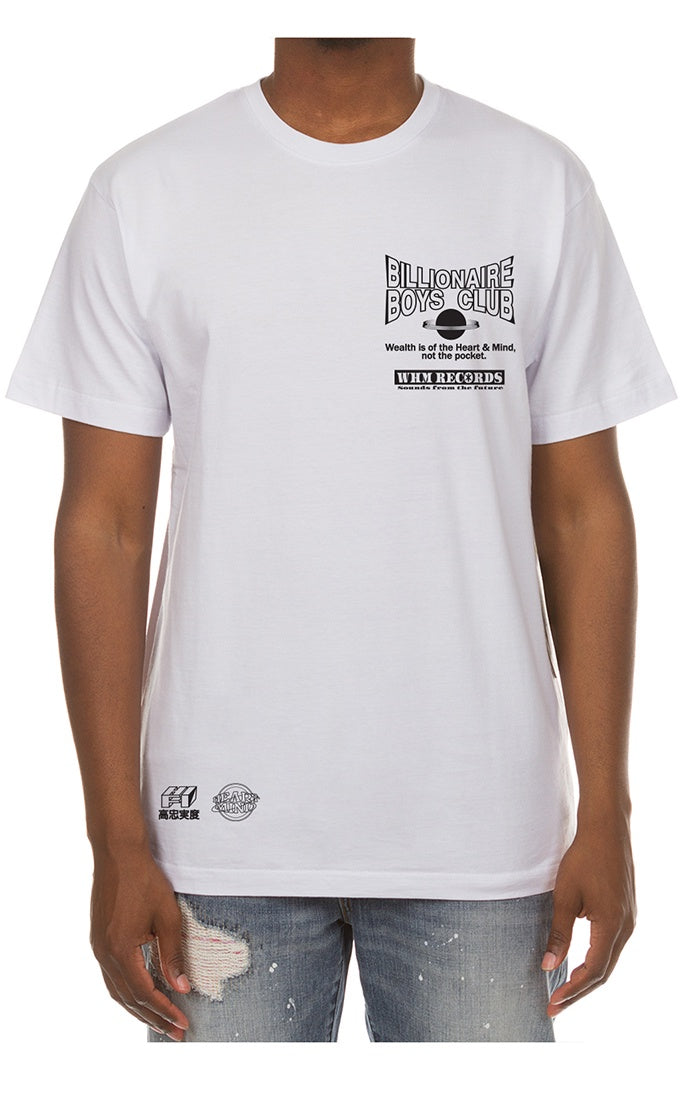 White short-sleeve tee with BBC Bleach White BB Whim Records logo