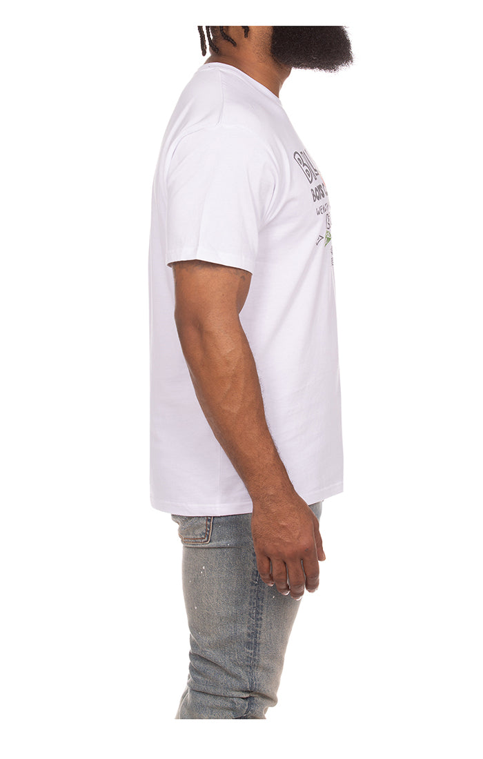 Back view of the Billionaire Boy's Club White SS Knit highlighting logo placement and overall craftsmanship