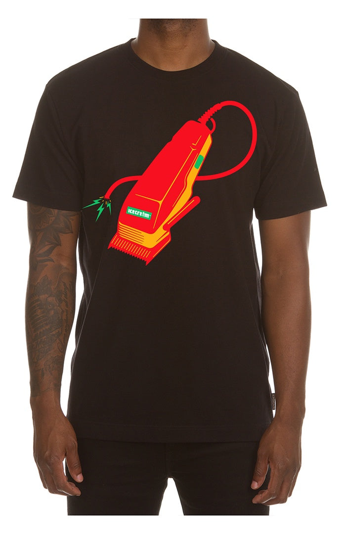 A black short-sleeve t-shirt with Ice Cream The Barber SS logo