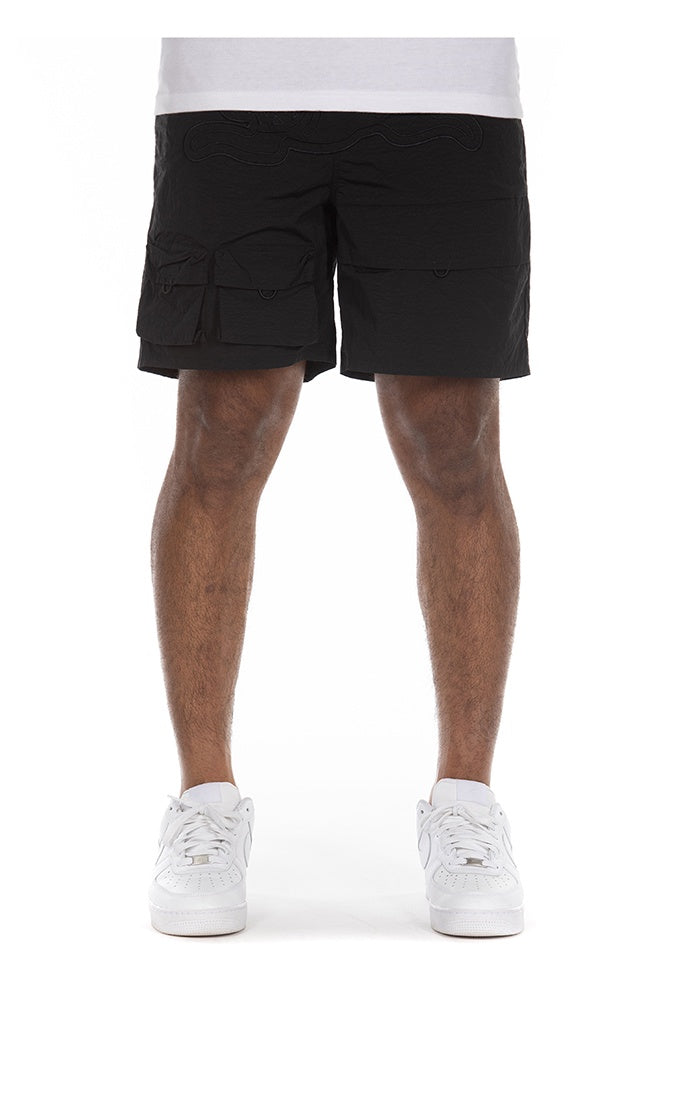 High-waisted black shorts with a pine pattern, perfect for summer