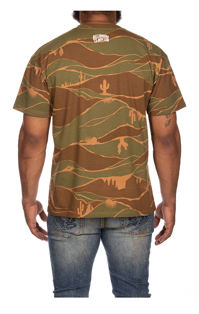 Close-up of the front of the BBC Capulet Olive BB Helmet Camo SS Tee (841-9212) t-shirt, highlighting the intricate olive green and black camo pattern