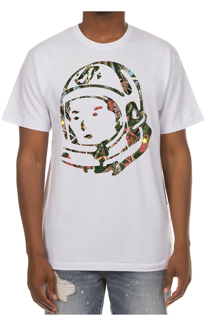 A white short-sleeved T-shirt featuring the BBC logo and forest graphic