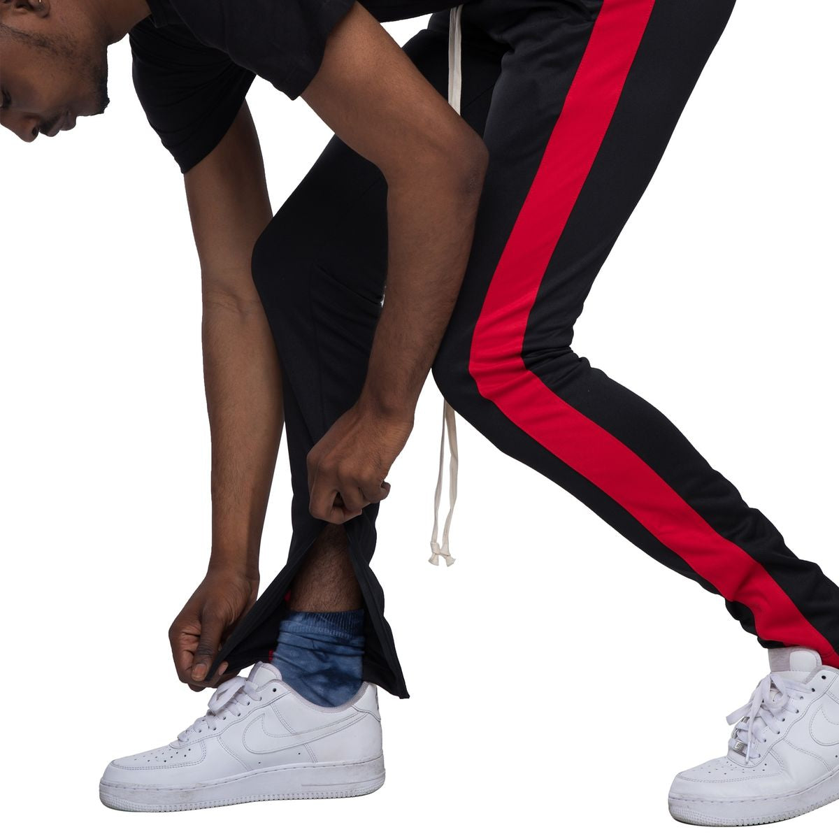 EPTM Black Track Pants w/Red Stripe (EP7712) - Side view with zipper pockets