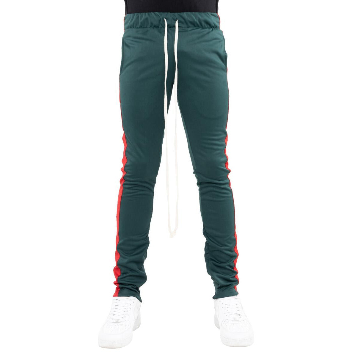 Men's green track 2025 pants with red stripe