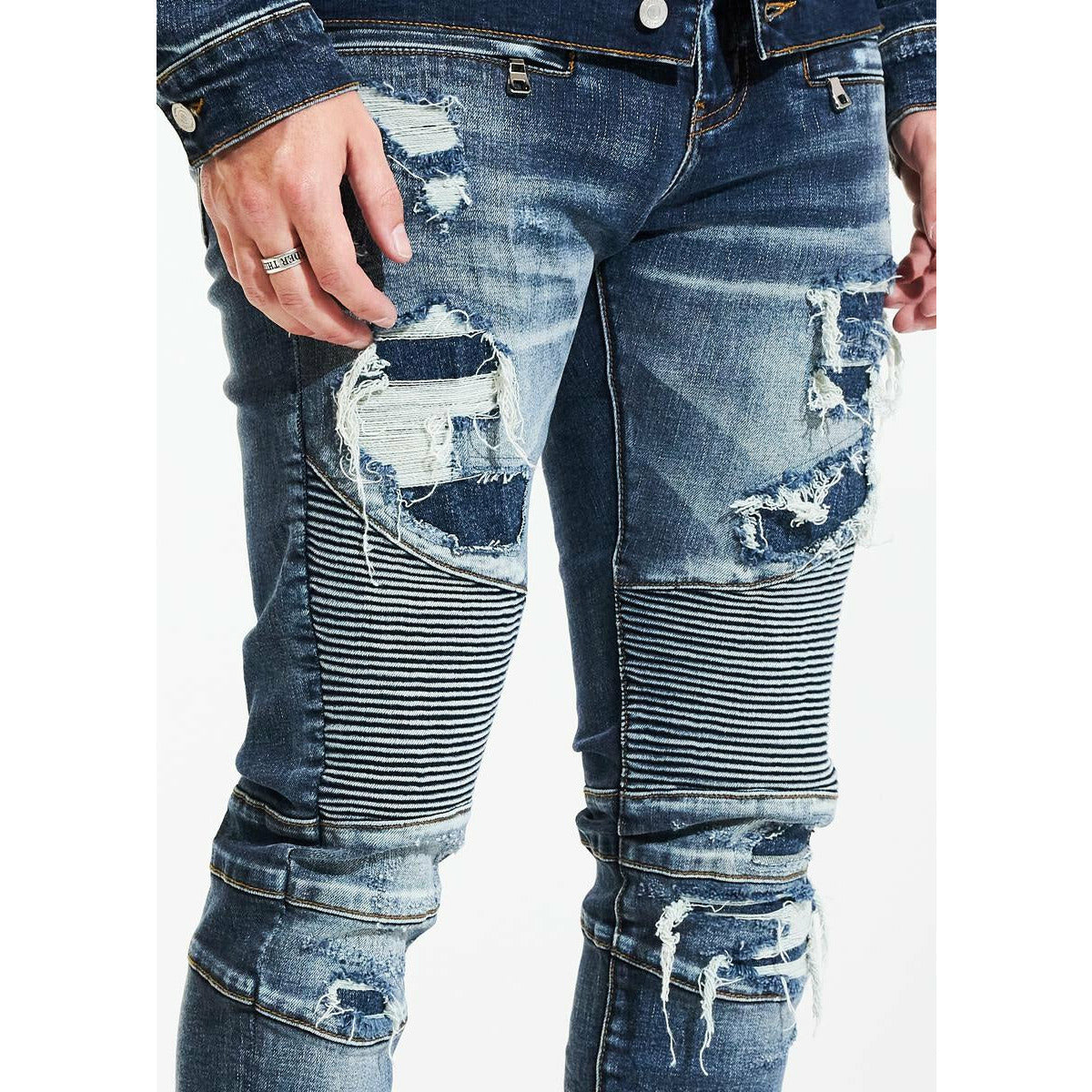 Dark blue hot sale biker jeans