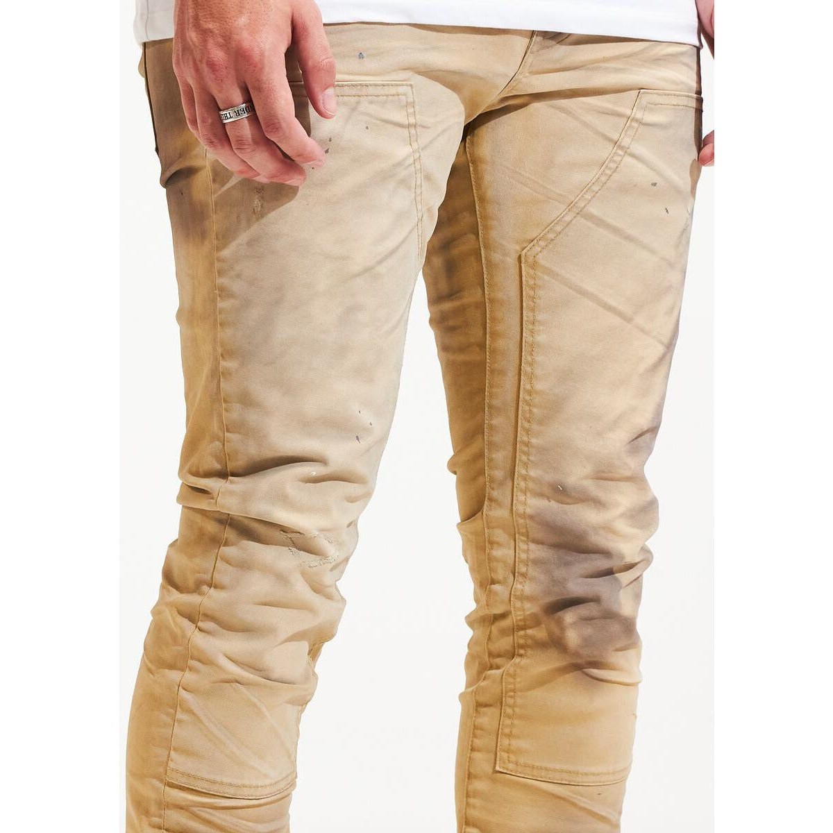 Embellish Hart Khaki Denim Jeans (EMBSP122-119) with distressed details and frayed hems