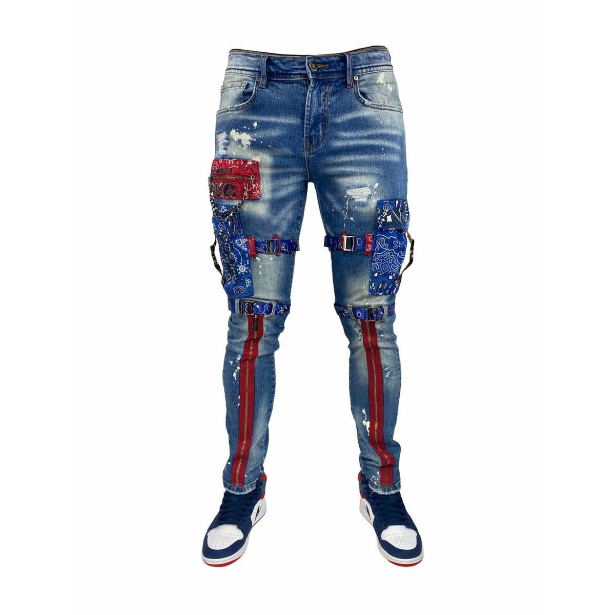 Preme Indigo Red/Blue Paisley Denim Jeans (PR-WB-860) featuring intricate paisley pattern in vibrant red and blue hues