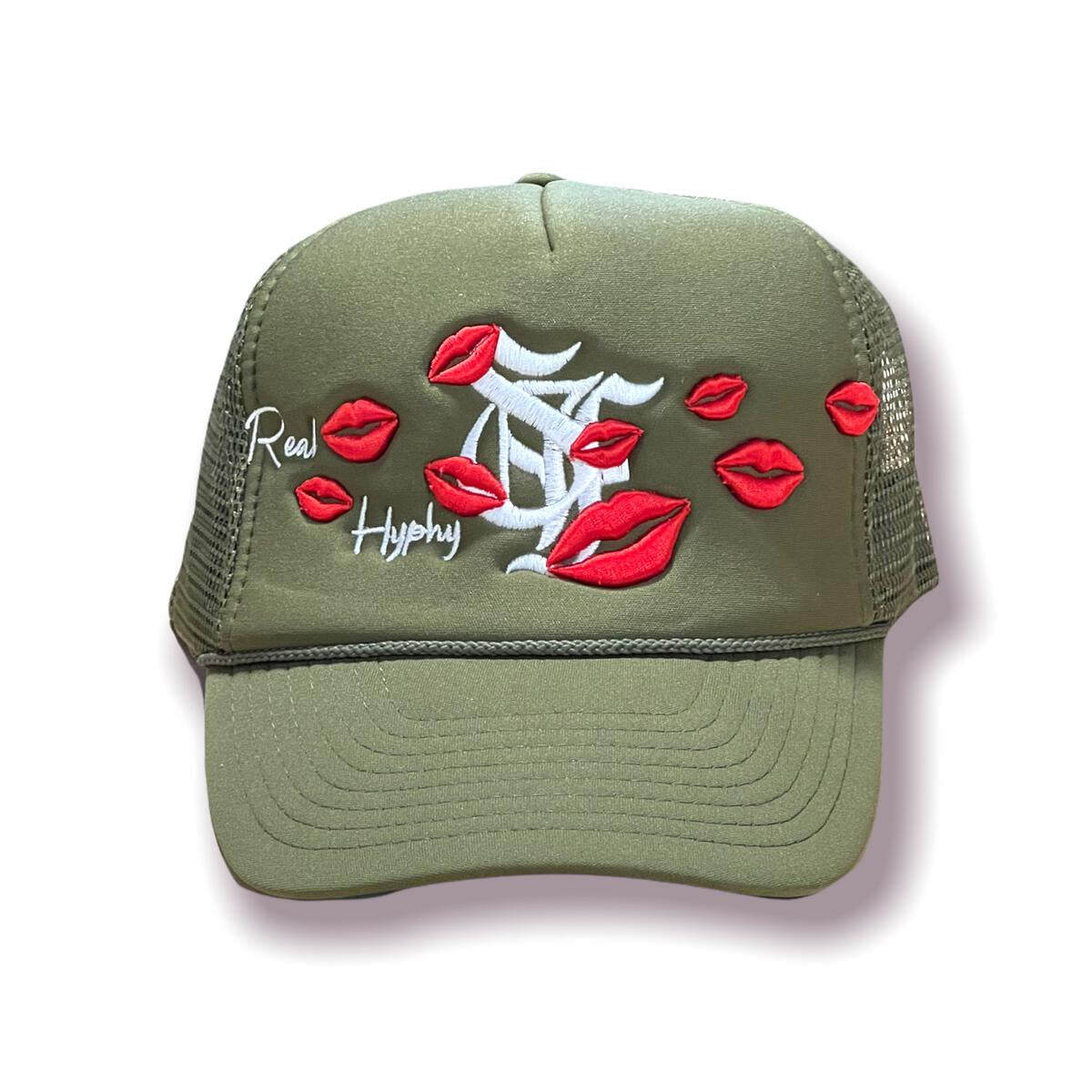 Army green trucker hat with San Francisco Kiss design, perfect for casual, urban style