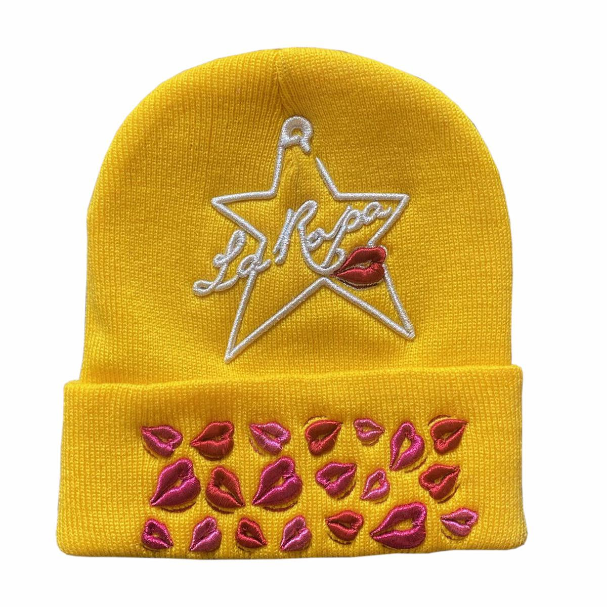 Close-up of LaRopa Kiss Me Yellow Beanie, a cozy and stylish knit hat perfect for adding a pop of color to your winter wardrobe