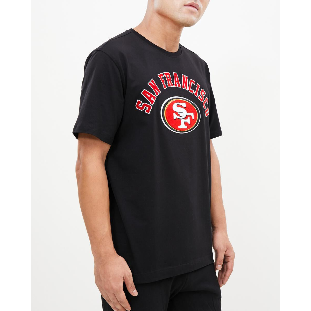 Black Pro Standard San Francisco 49ers Stacked Logo Pro Tee with official team logo and text in white, available in all sizes