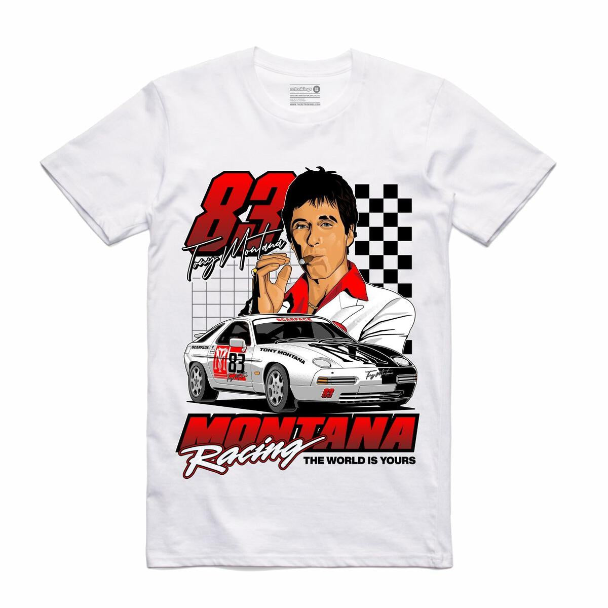 Retro Kings Montana Racing White Tee, a vintage-inspired t-shirt featuring retro racing design