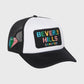 Classic black and white trucker hat featuring a Beverly Hills patch and colorful diamond design