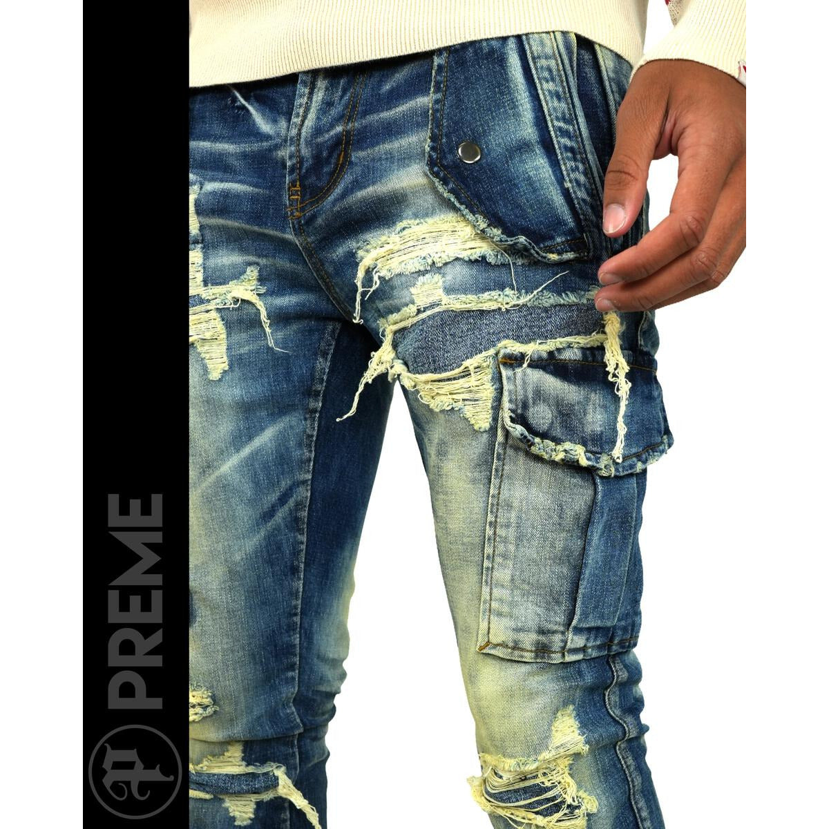 PREME Indigo Wash Ripped Cargo Denim Jeans (PR-WB-1196)