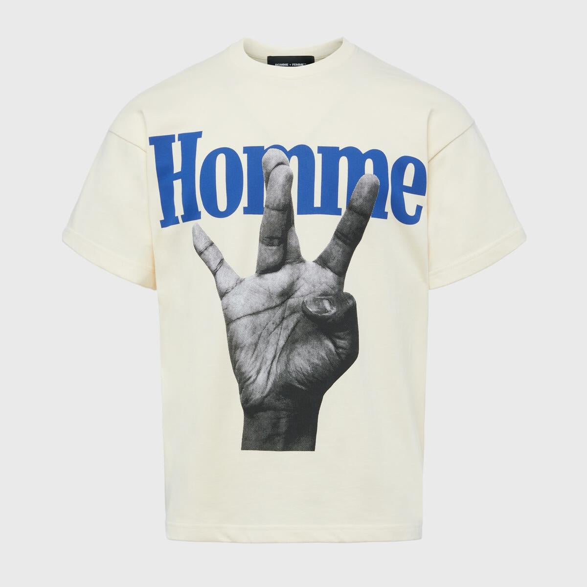Homme + Femme "Twisted Fingers" Off-White Tee - Blue/Orange